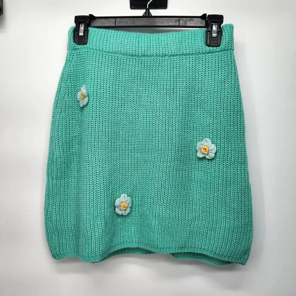 BaeVely‎ Teal Knit Crochet Flower Applique Preppy Boho Mini Skirt Women's L